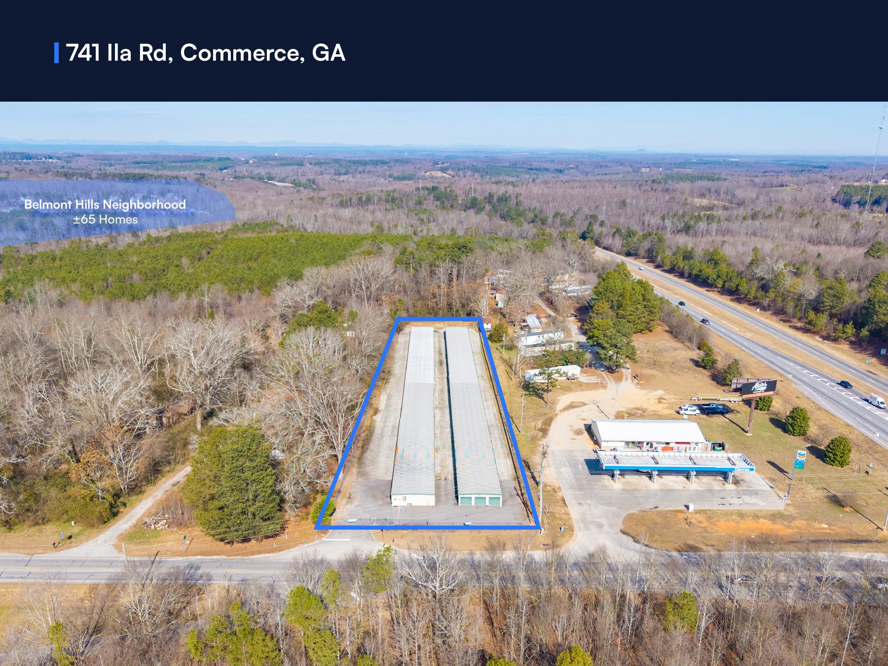 Aerial of 741 Ila Rd, Commerce, GA with the parcel outlined