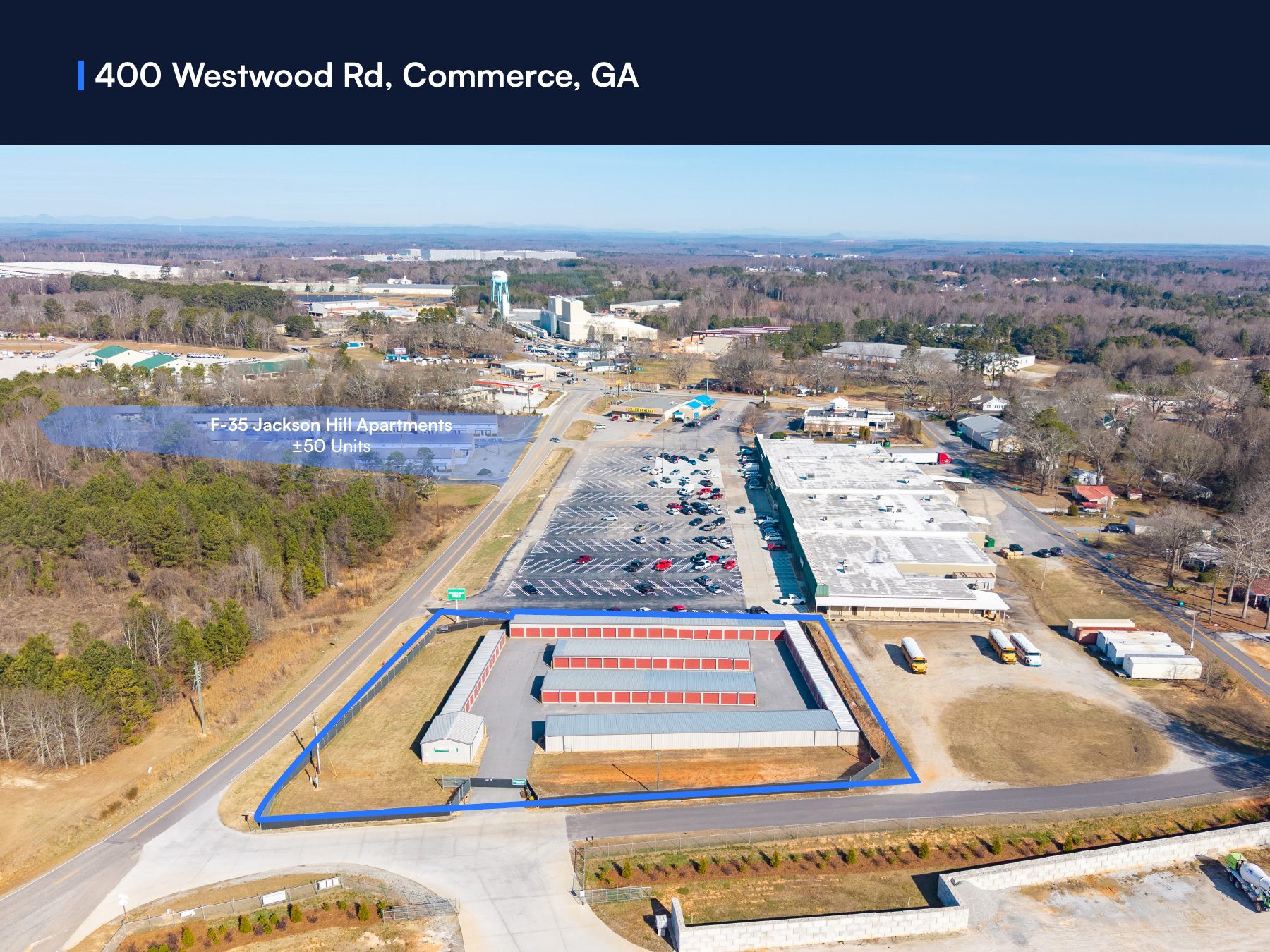 Aerial of 400 Westwood Rd, Commerce, GA with the parcel outlined near Jackson Hill Apartments