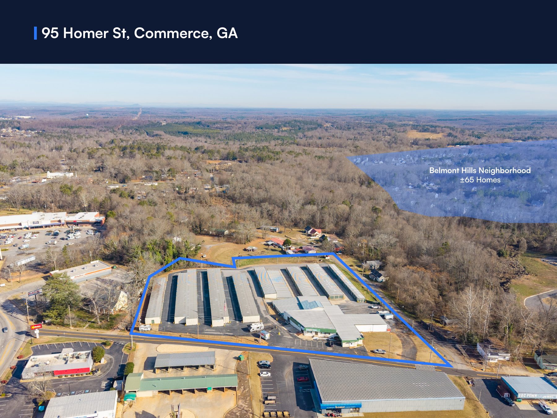Aerial of 95 Homer St, Commerce, GA with the parcel outlined and the Belmont Hills neighborhood nearby