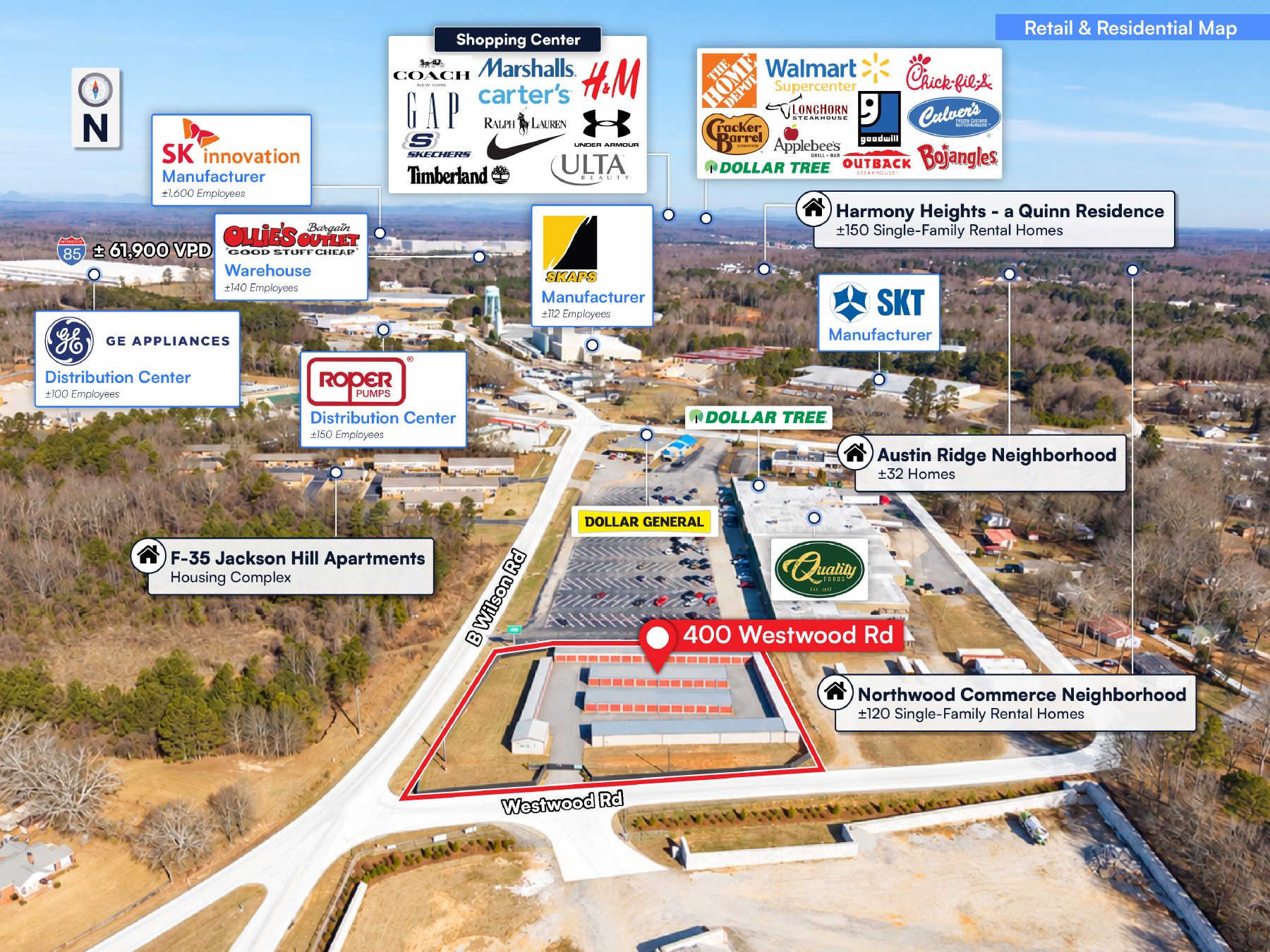 Retail and residential map around 400 Westwood Rd, Commerce, GA including SK Innovation, the Tanger Outlets and I-85