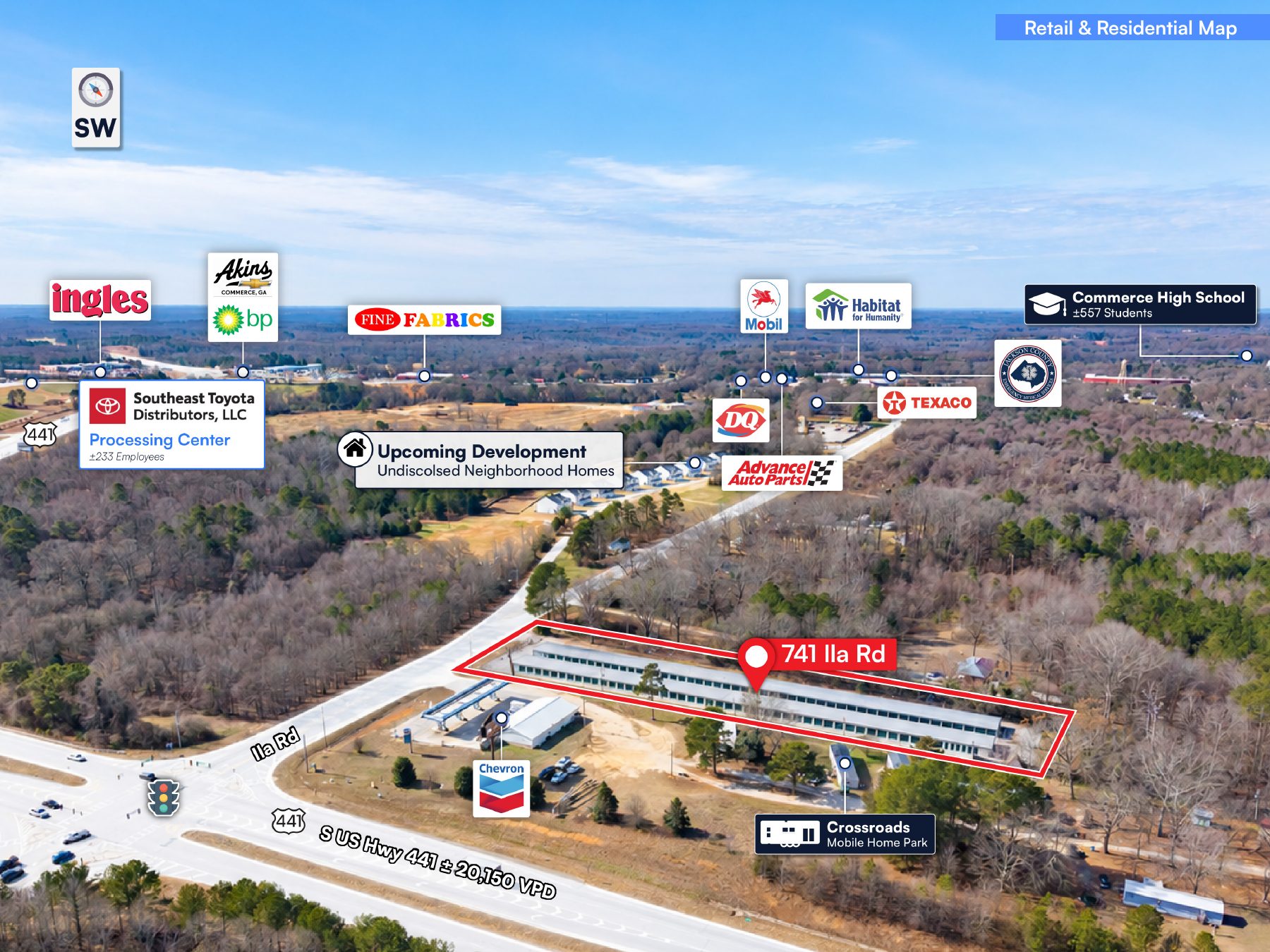 Retail and residential map around 741 Ila Rd, Commerce, GA along US Hwy 441